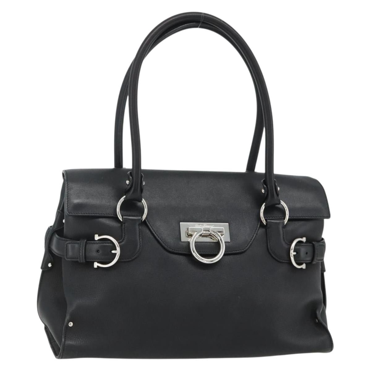 Salvatore Ferragamo Gancini Shoulder Bag Leather Black Silver Auth ka4272A