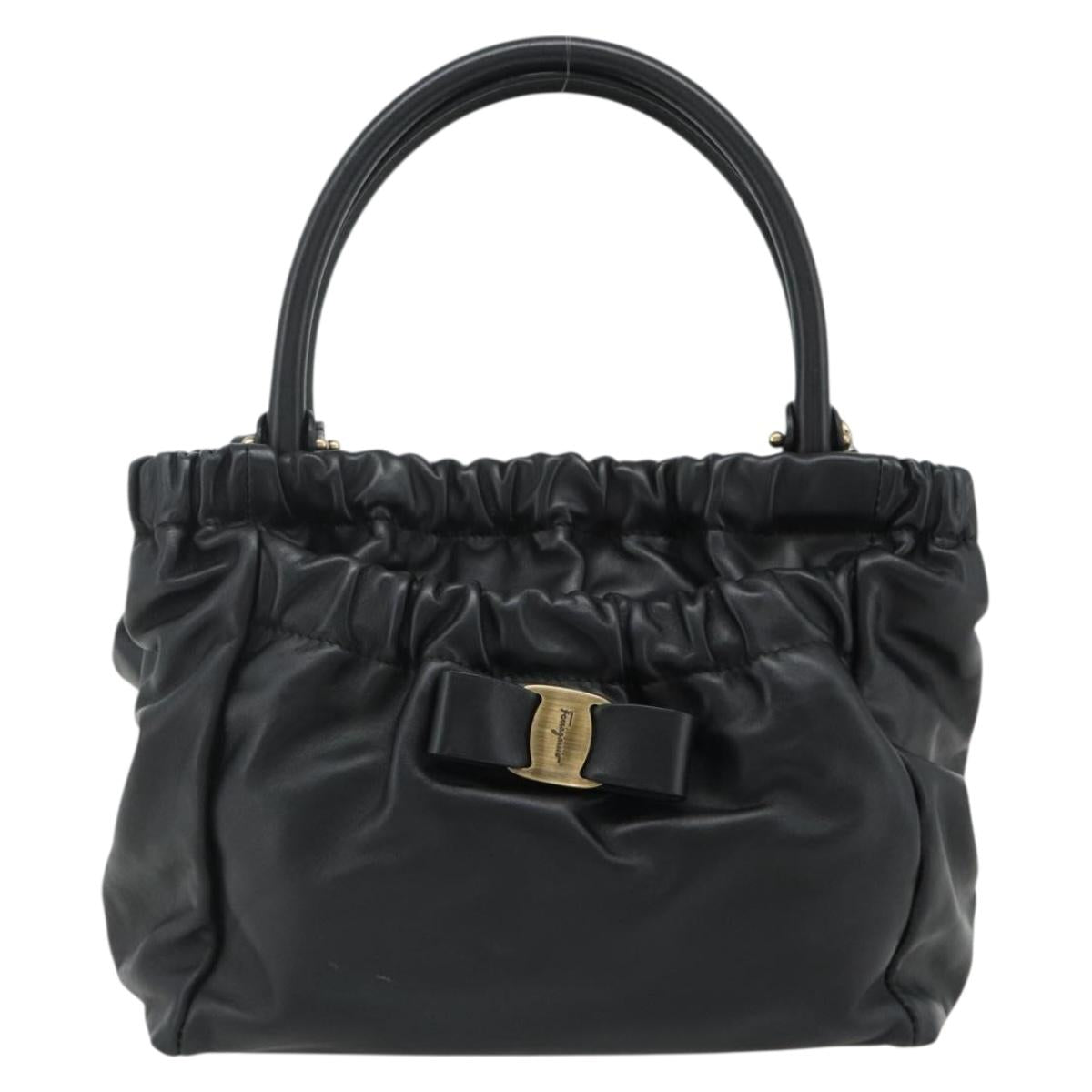 Salvatore Ferragamo Vala Hand Bag Leather 2way Black Gold Auth ka4273A