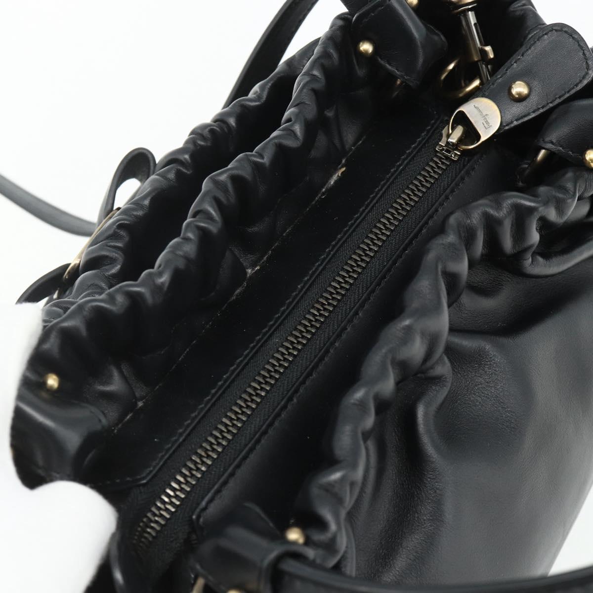 Salvatore Ferragamo Vala Hand Bag Leather 2way Black Gold Auth ka4273A