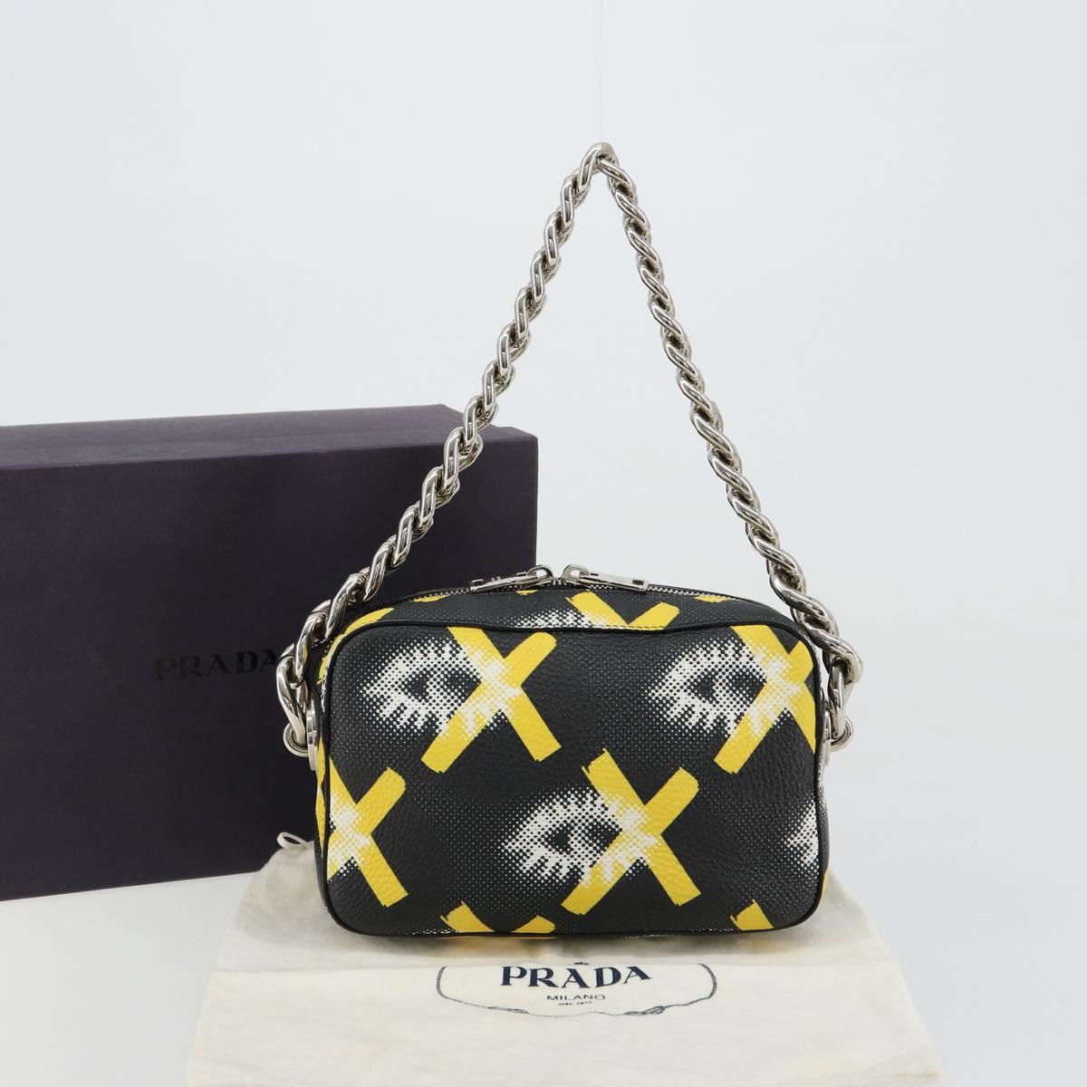 PRADA Chain Shoulder Bag Leather Black Yellow Auth ka4328M