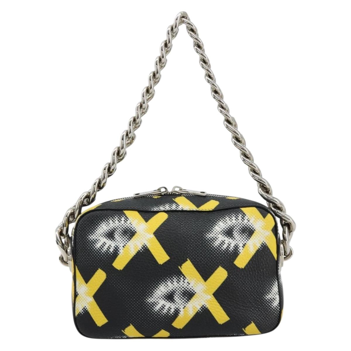 PRADA Chain Shoulder Bag Leather Black Yellow Auth ka4328M