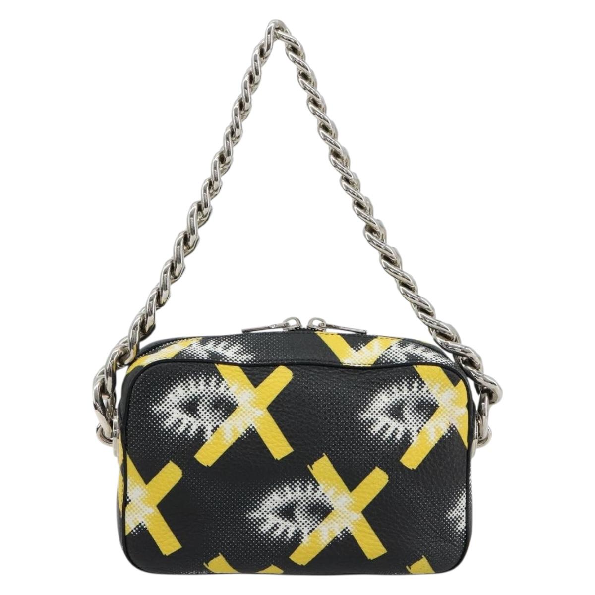 PRADA Chain Shoulder Bag Leather Black Yellow Auth ka4328M