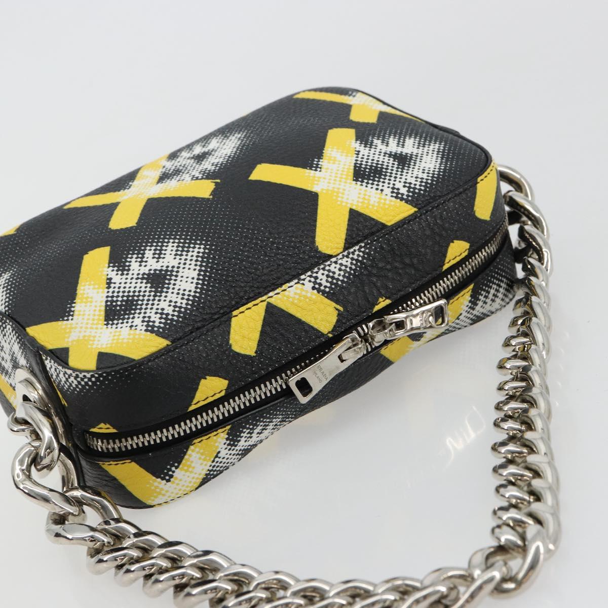 PRADA Chain Shoulder Bag Leather Black Yellow Auth ka4328M