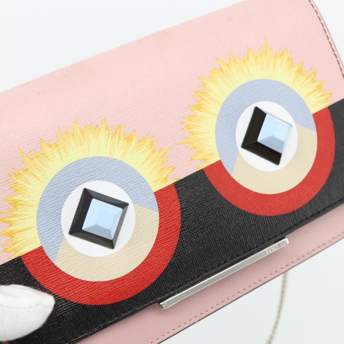 FENDI Chain Wallet Monster Shoulder Bag Leather Pink Silver Auth ka4337A