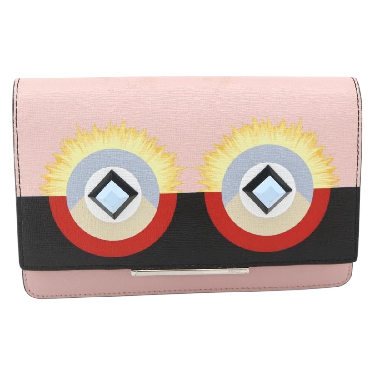 FENDI Chain Wallet Monster Shoulder Bag Leather Pink Silver Auth ka4337A