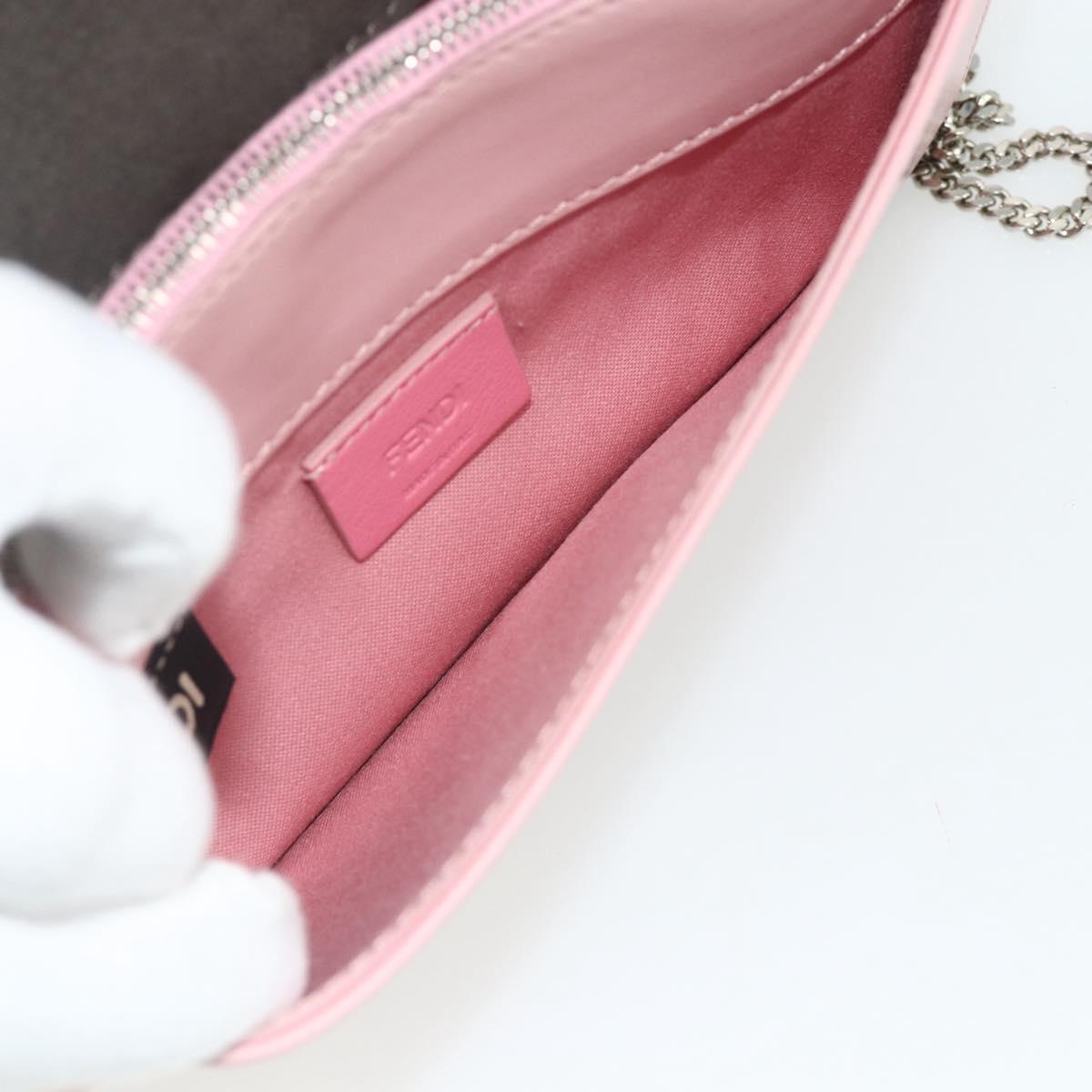 FENDI Chain Wallet Monster Shoulder Bag Leather Pink Silver Auth ka4337A
