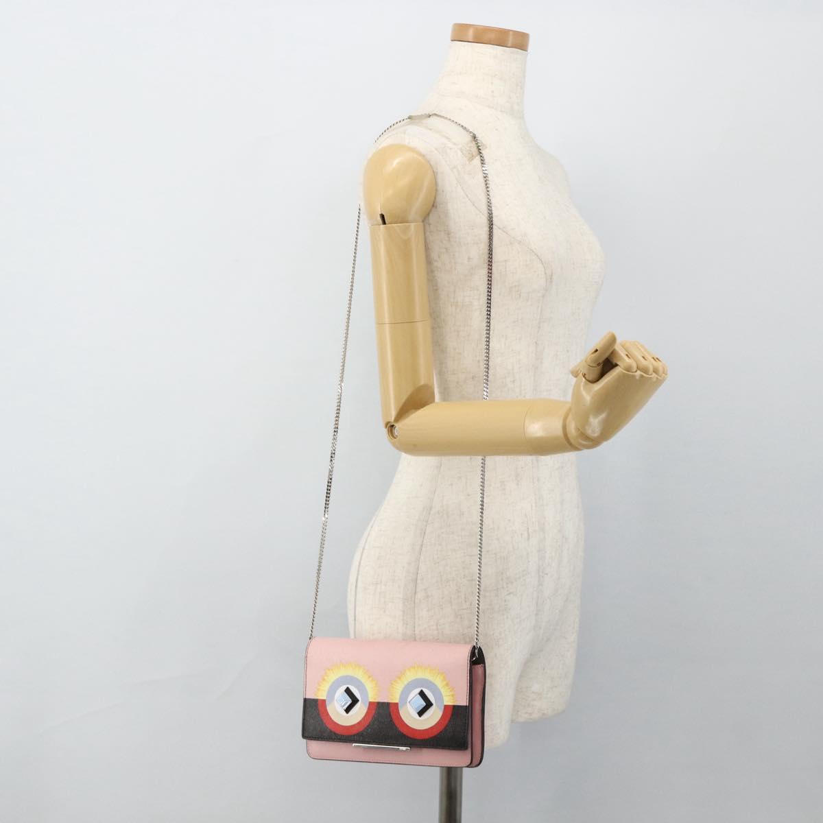 FENDI Chain Wallet Monster Shoulder Bag Leather Pink Silver Auth ka4337A