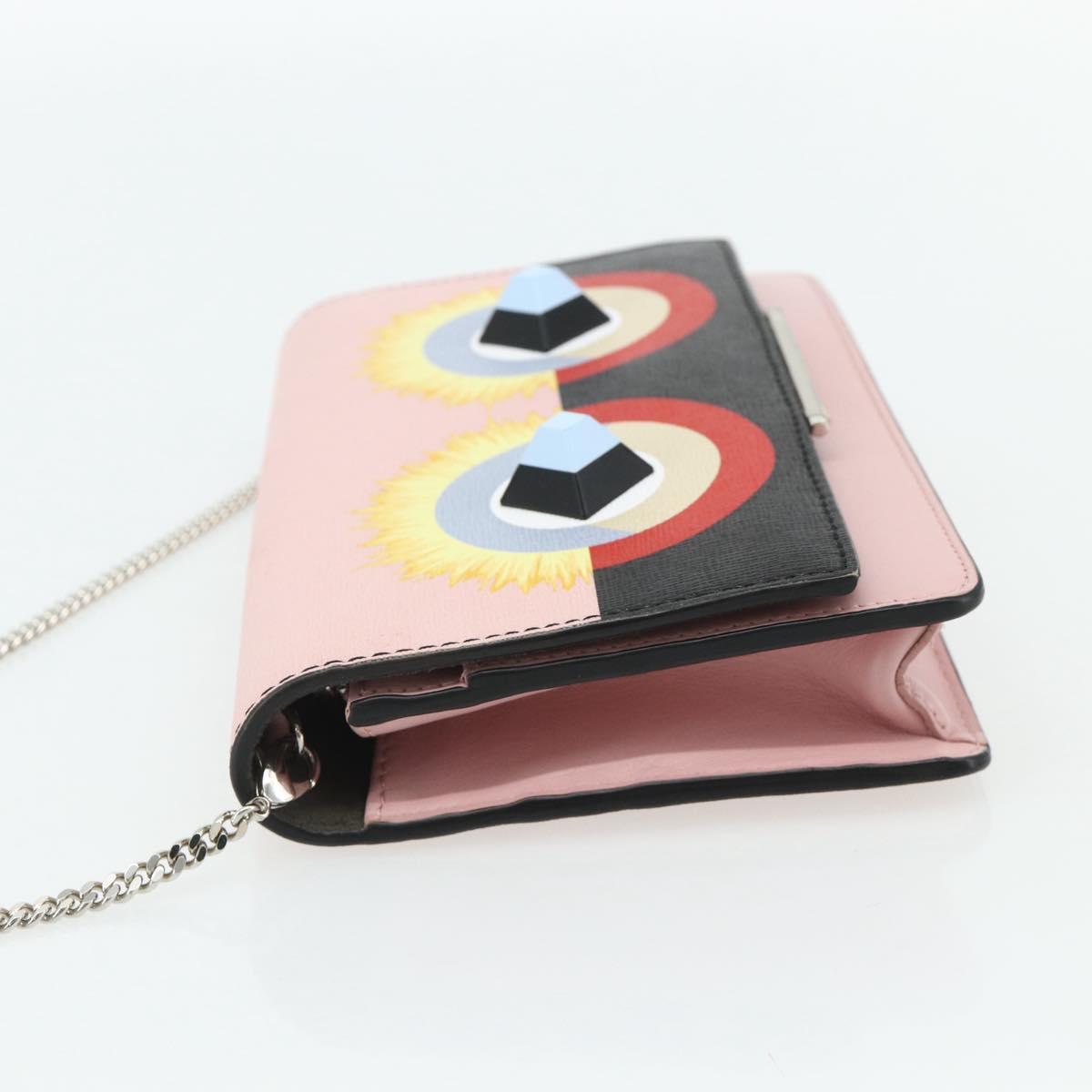 FENDI Chain Wallet Monster Shoulder Bag Leather Pink Silver Auth ka4337A