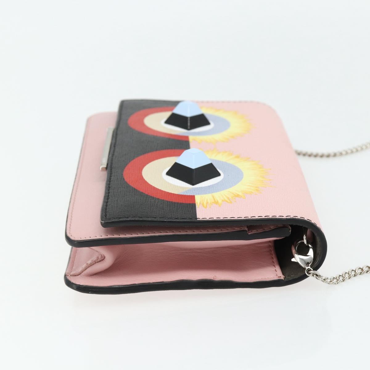 FENDI Chain Wallet Monster Shoulder Bag Leather Pink Silver Auth ka4337A