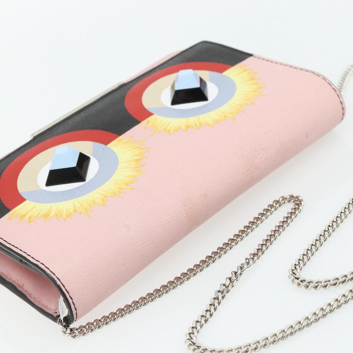 FENDI Chain Wallet Monster Shoulder Bag Leather Pink Silver Auth ka4337A