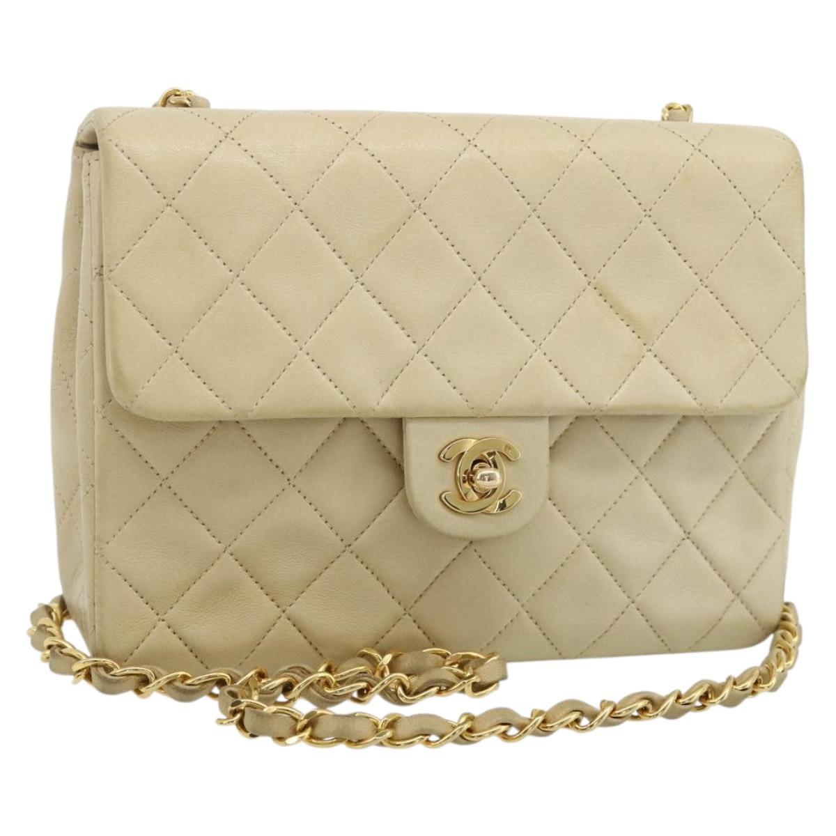 CHANEL Turn Lock Chain Shoulder Bag Lamb Skin Beige Gold CC Auth ka4339V