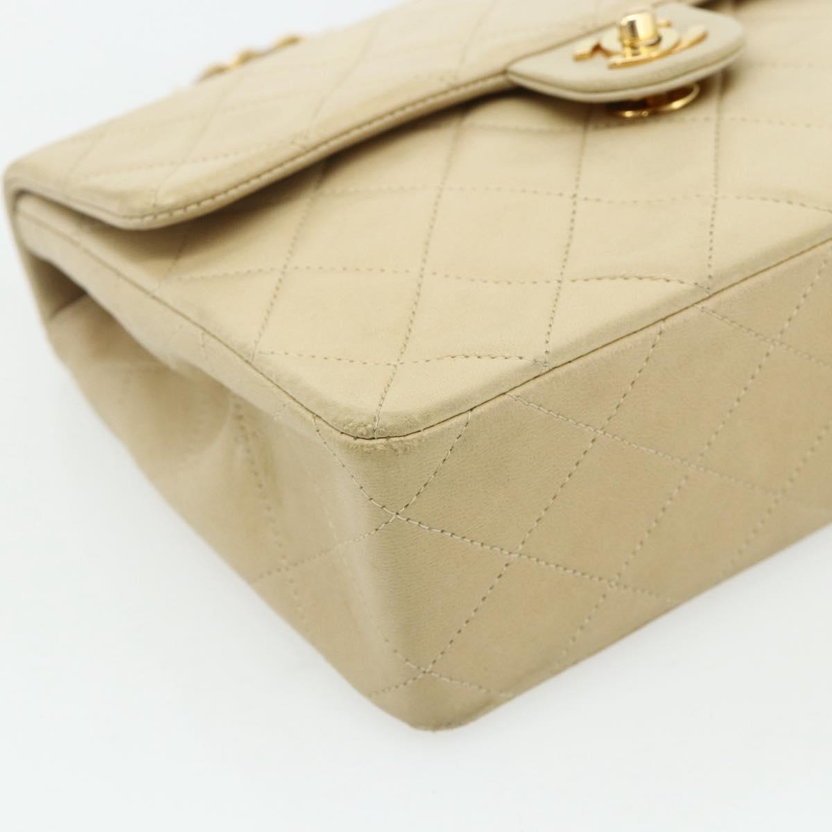 CHANEL Turn Lock Chain Shoulder Bag Lamb Skin Beige Gold CC Auth ka4339V