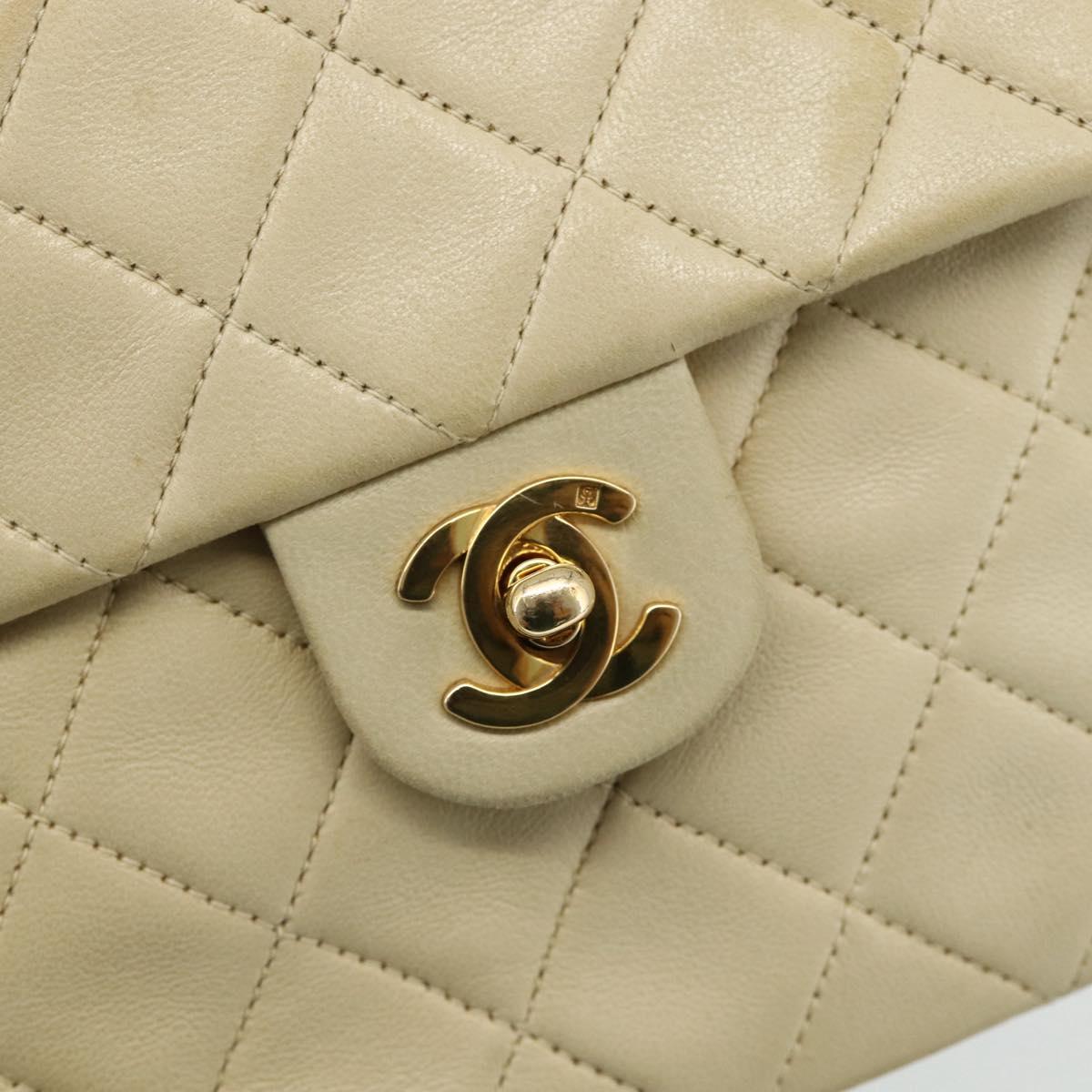 CHANEL Turn Lock Chain Shoulder Bag Lamb Skin Beige Gold CC Auth ka4339V
