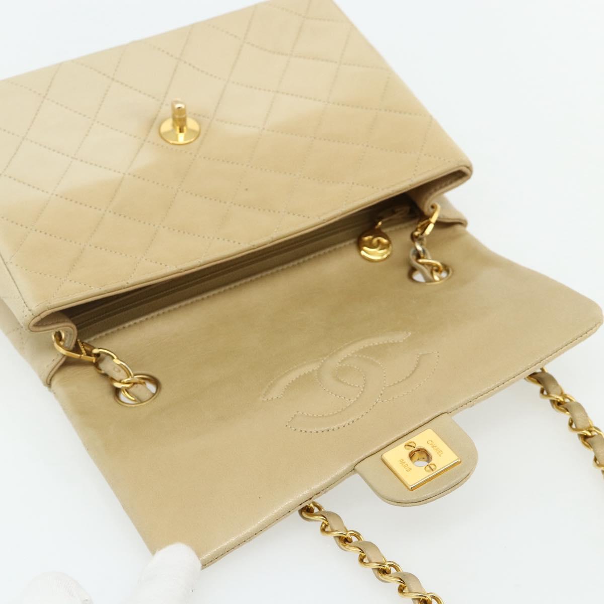 CHANEL Turn Lock Chain Shoulder Bag Lamb Skin Beige Gold CC Auth ka4339V