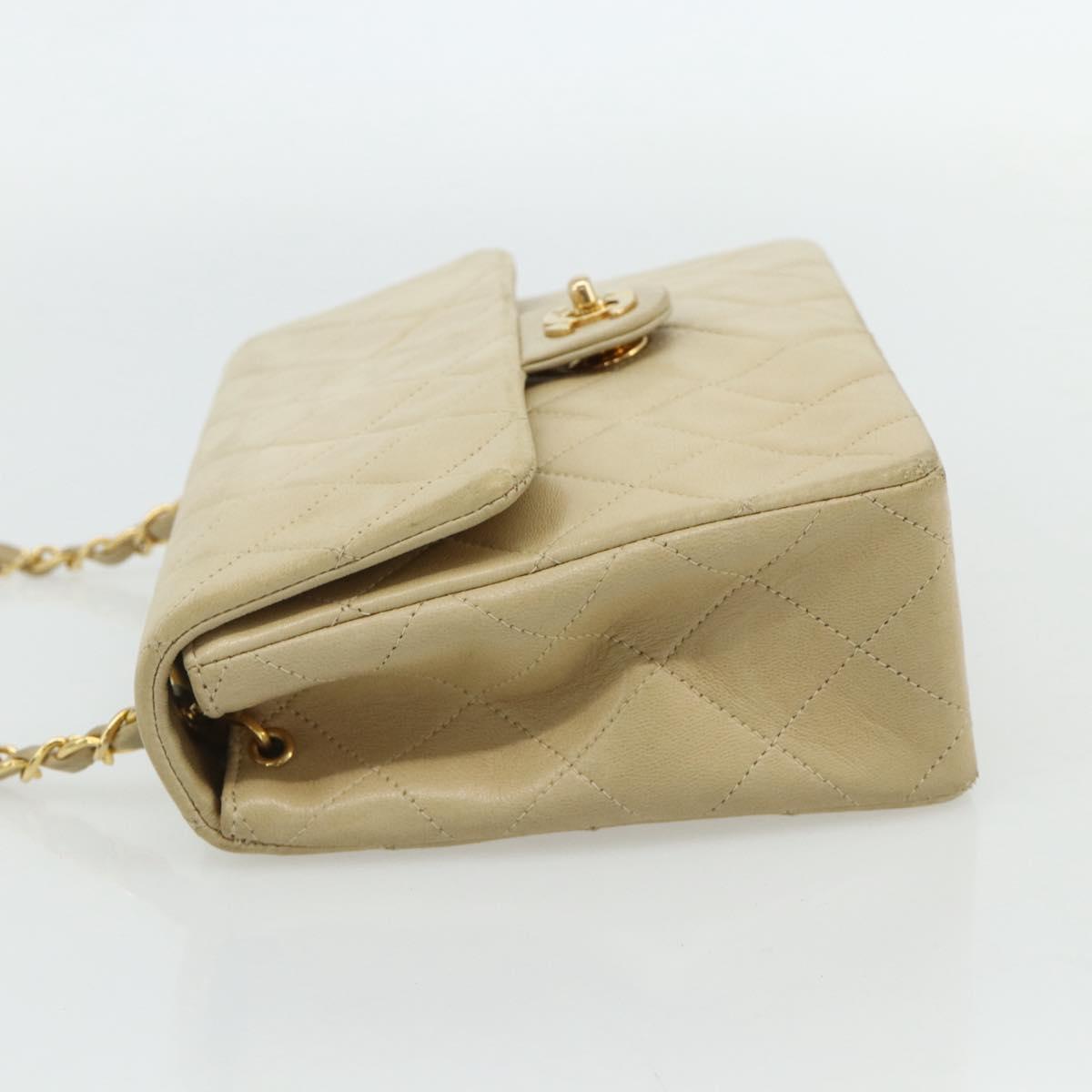 CHANEL Turn Lock Chain Shoulder Bag Lamb Skin Beige Gold CC Auth ka4339V