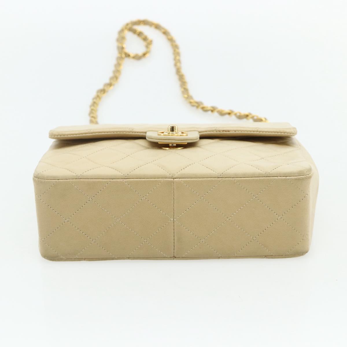 CHANEL Turn Lock Chain Shoulder Bag Lamb Skin Beige Gold CC Auth ka4339V