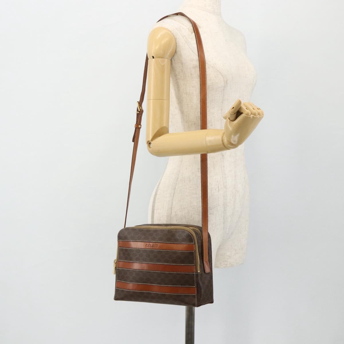 CELINE Macadam Canvas Shoulder Bag PVC Leather Brown Gold Auth ka4342