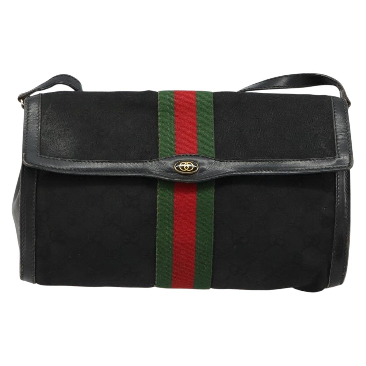 GUCCI GG Canvas Web Sherry Line Bag Black Red Green 37 04 3657 Auth ka4360