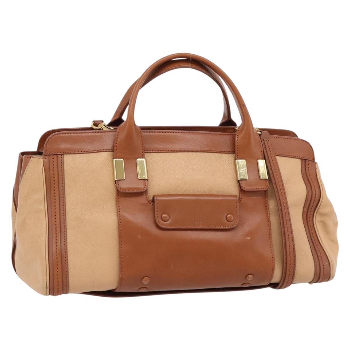 Chloe Alice Hand Bag Leather 2way Brown Gold beige Auth ka4362