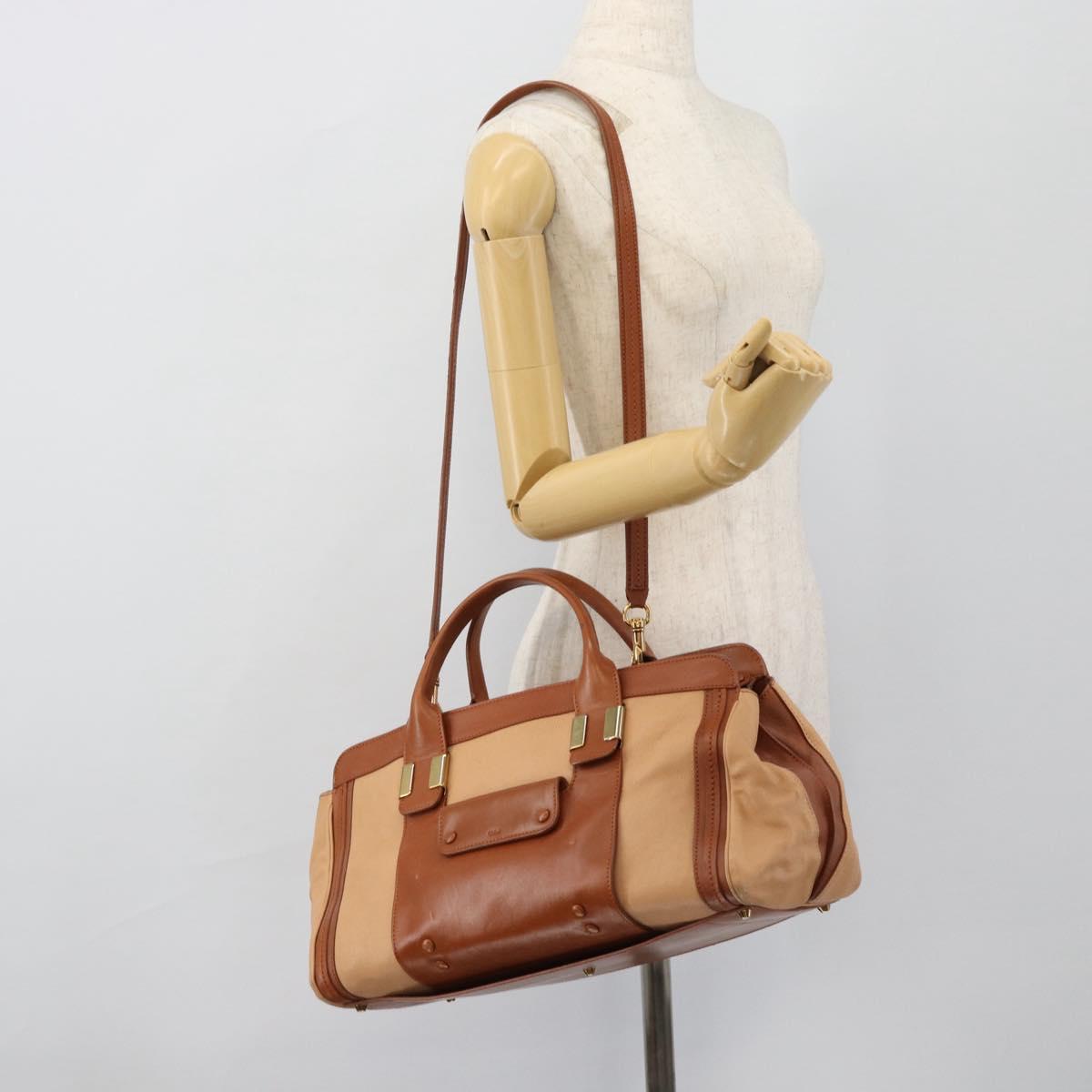 Chloe Alice Hand Bag Leather 2way Brown Gold beige Auth ka4362