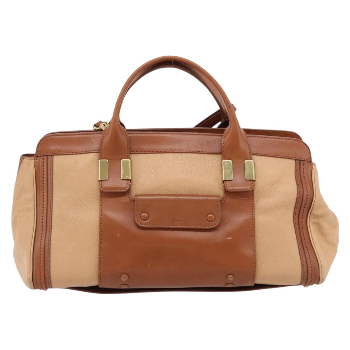 Chloe Alice Hand Bag Leather 2way Brown Gold beige Auth ka4362