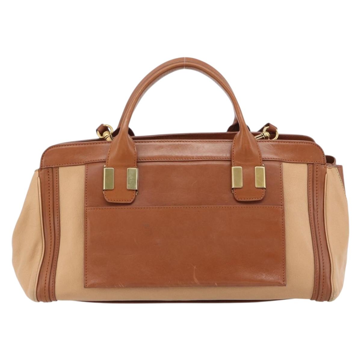 Chloe Alice Hand Bag Leather 2way Brown Gold beige Auth ka4362