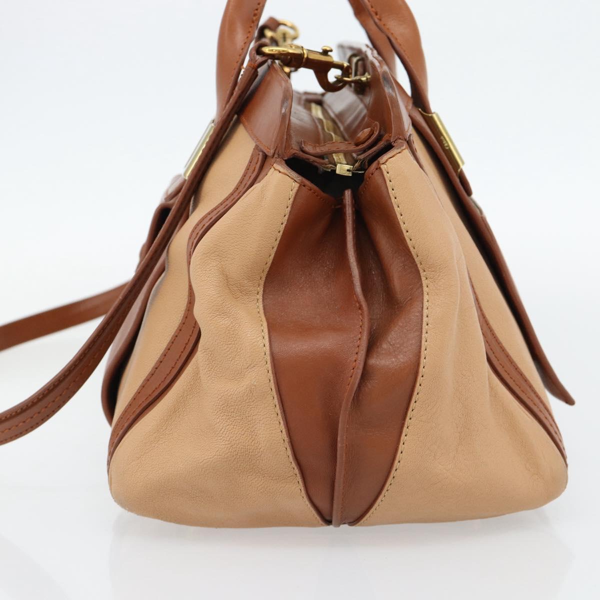 Chloe Alice Hand Bag Leather 2way Brown Gold beige Auth ka4362