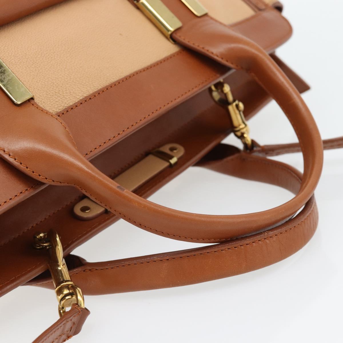 Chloe Alice Hand Bag Leather 2way Brown Gold beige Auth ka4362