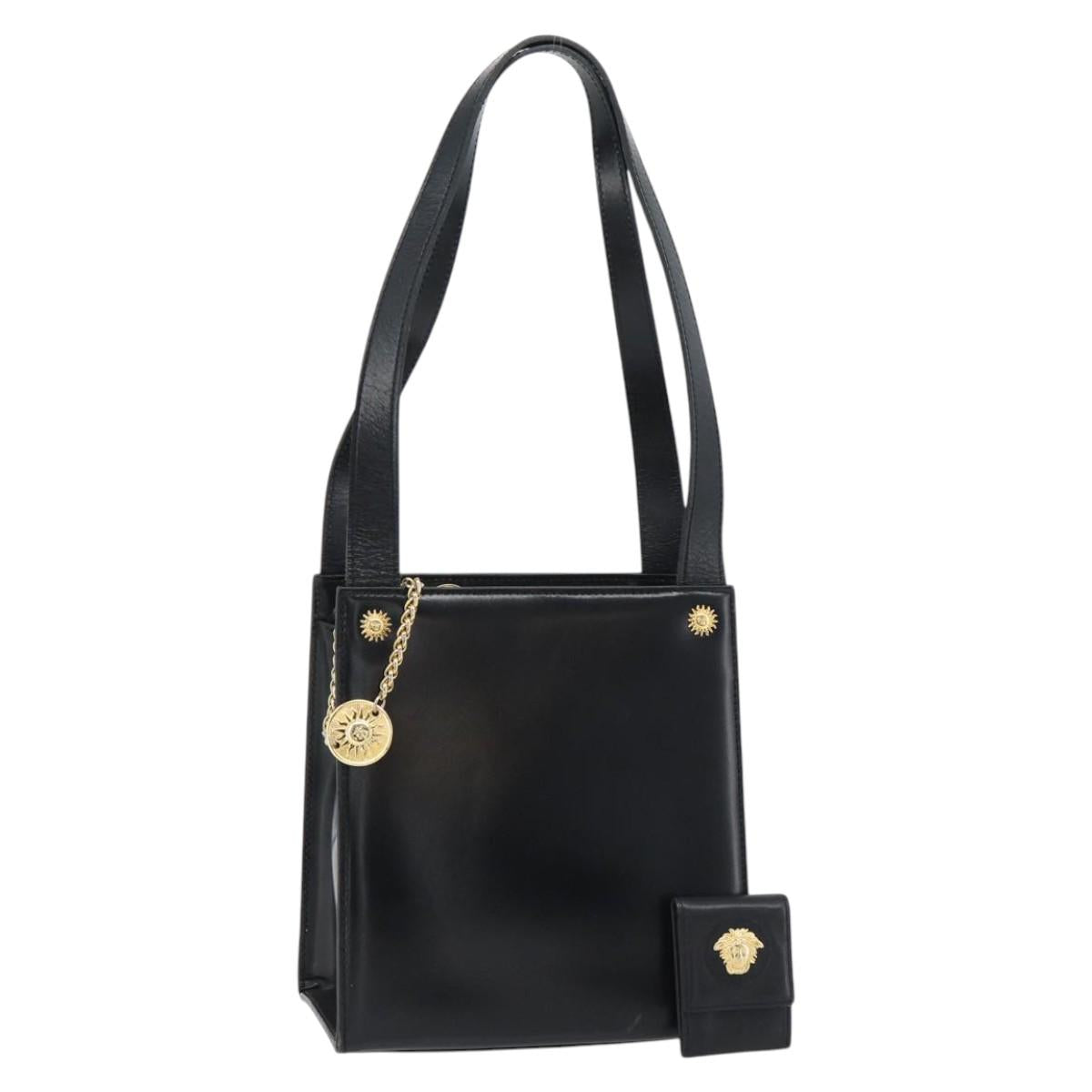 Gianni Versace Shoulder Bag Leather Black Gold Auth ka4376A