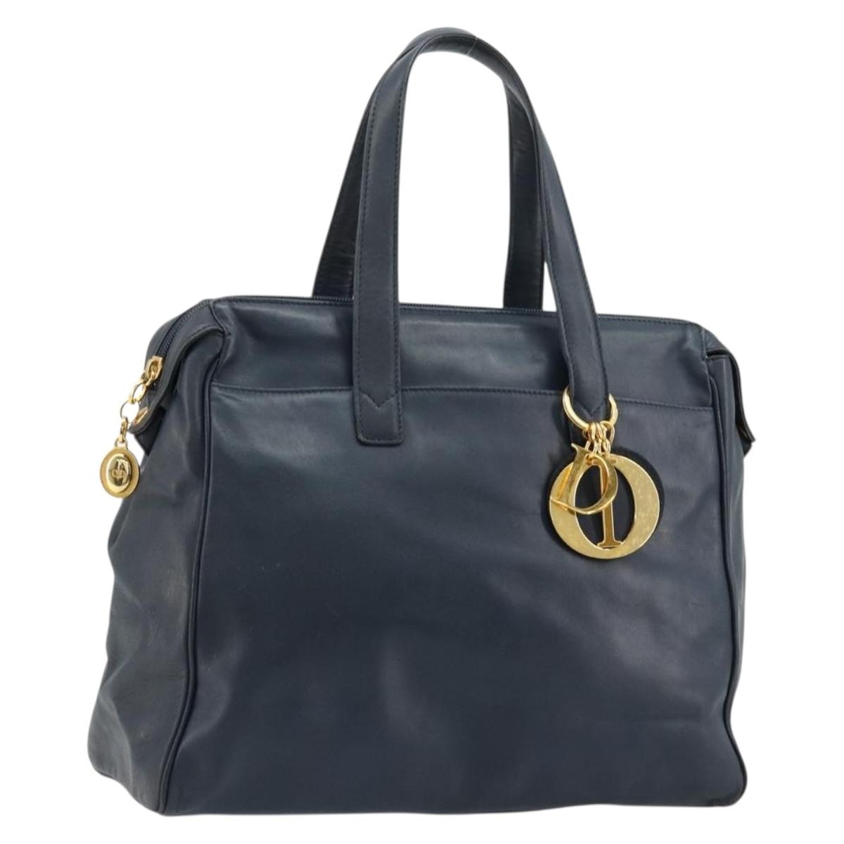 Christian Dior Hand Bag Leather Navy Gold Auth ka4387A