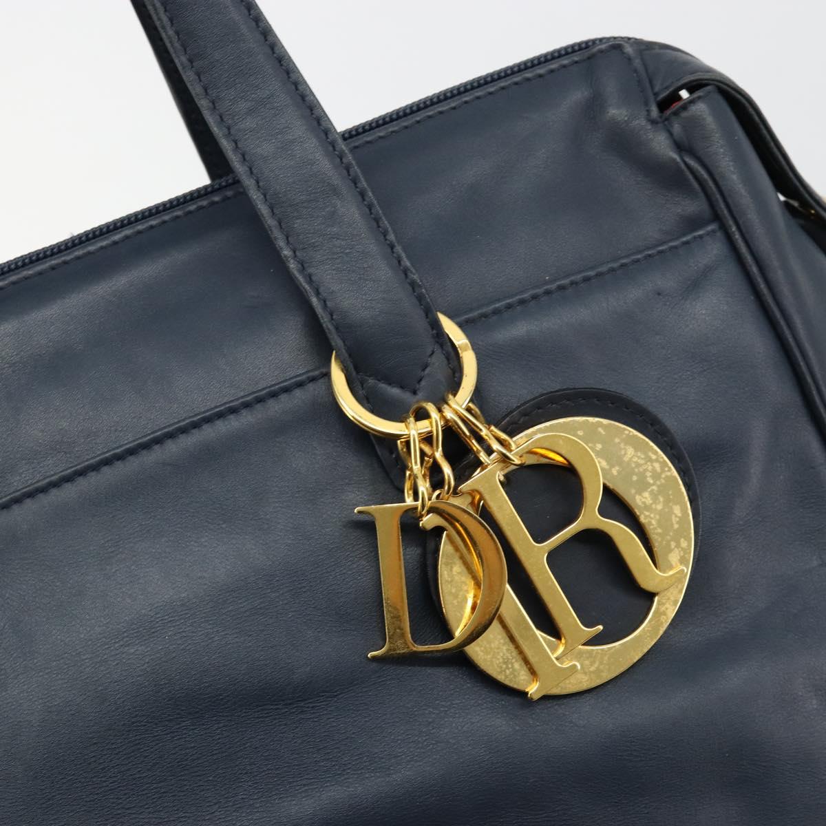Christian Dior Hand Bag Leather Navy Gold Auth ka4387A