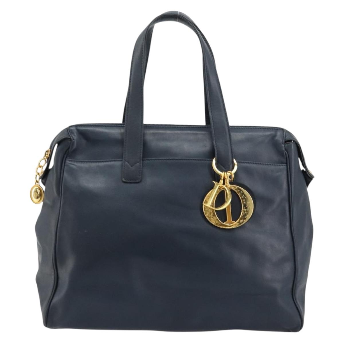 Christian Dior Hand Bag Leather Navy Gold Auth ka4387A