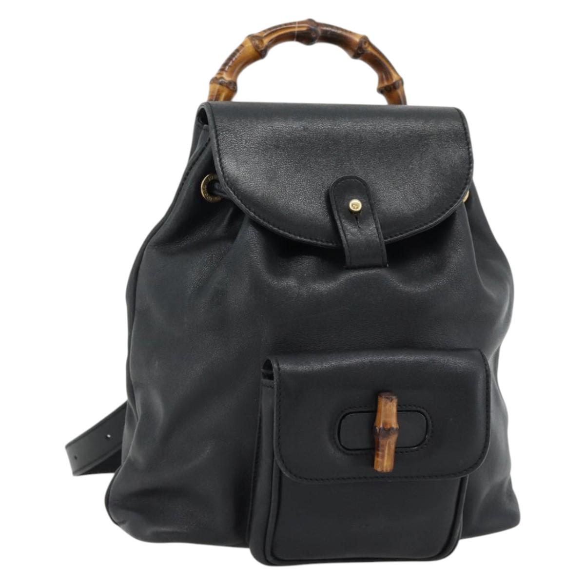 GUCCI Bamboo Backpack Leather Black Gold 003 2034 0030 Auth ka4402