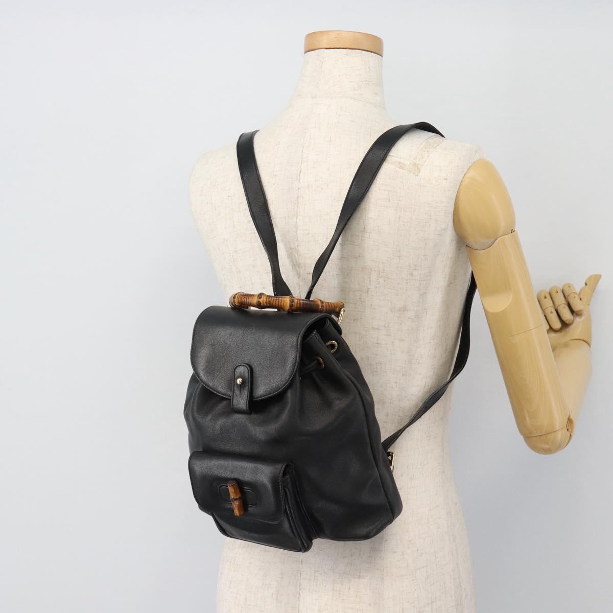 GUCCI Bamboo Backpack Leather Black Gold 003 2034 0030 Auth ka4402