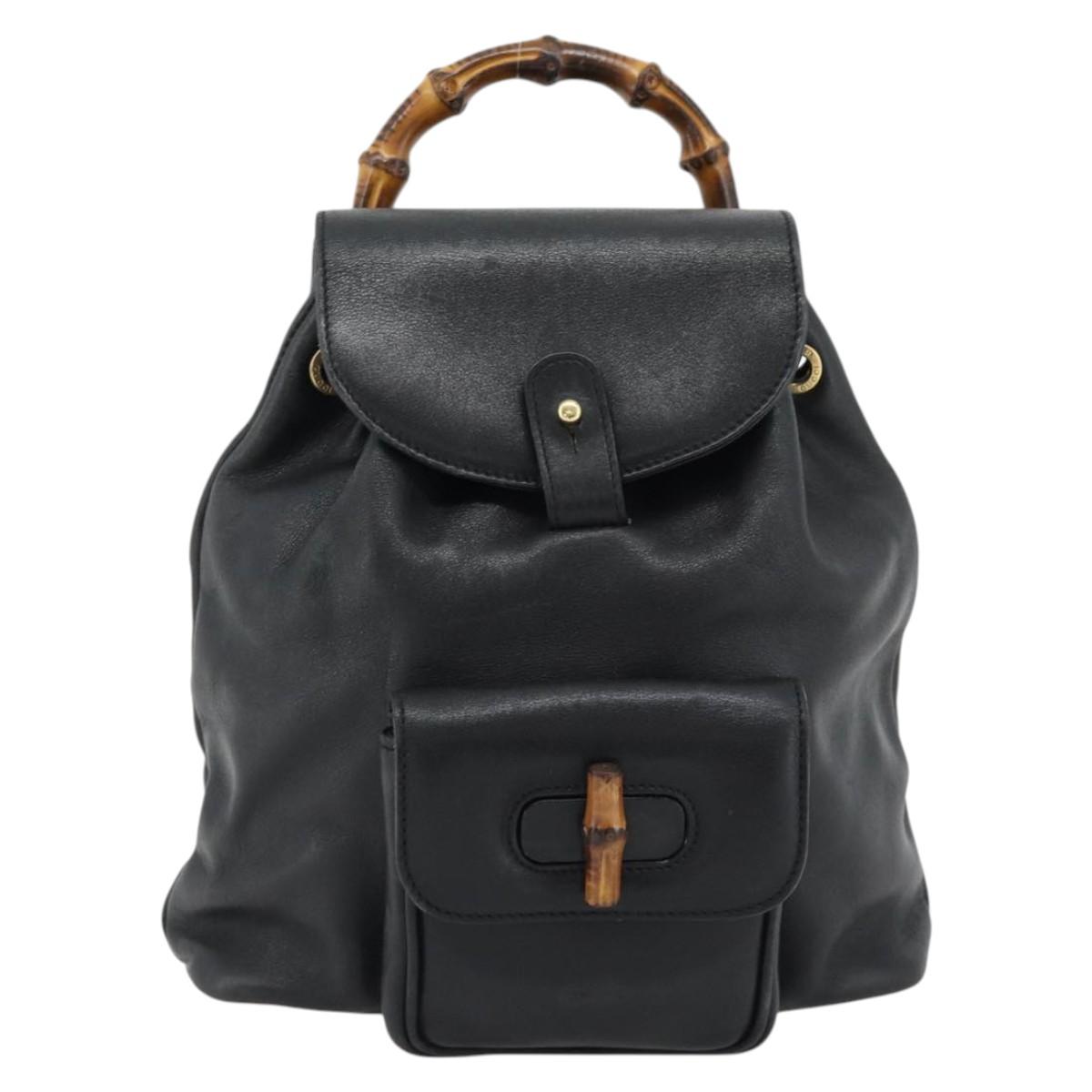 GUCCI Bamboo Backpack Leather Black Gold 003 2034 0030 Auth ka4402