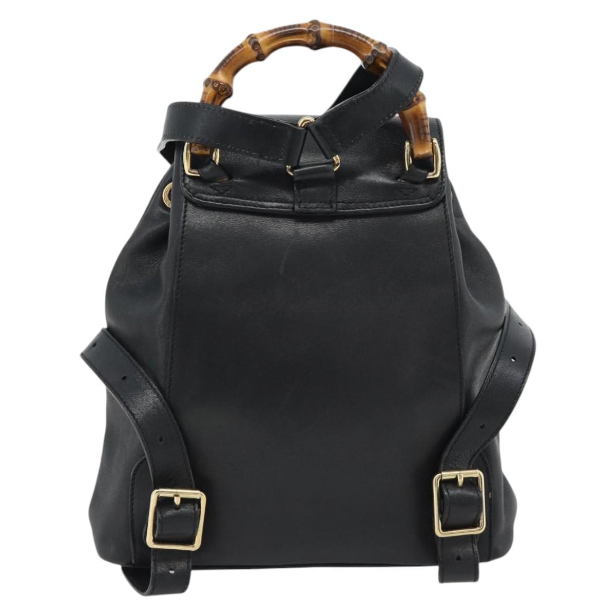 GUCCI Bamboo Backpack Leather Black Gold 003 2034 0030 Auth ka4402
