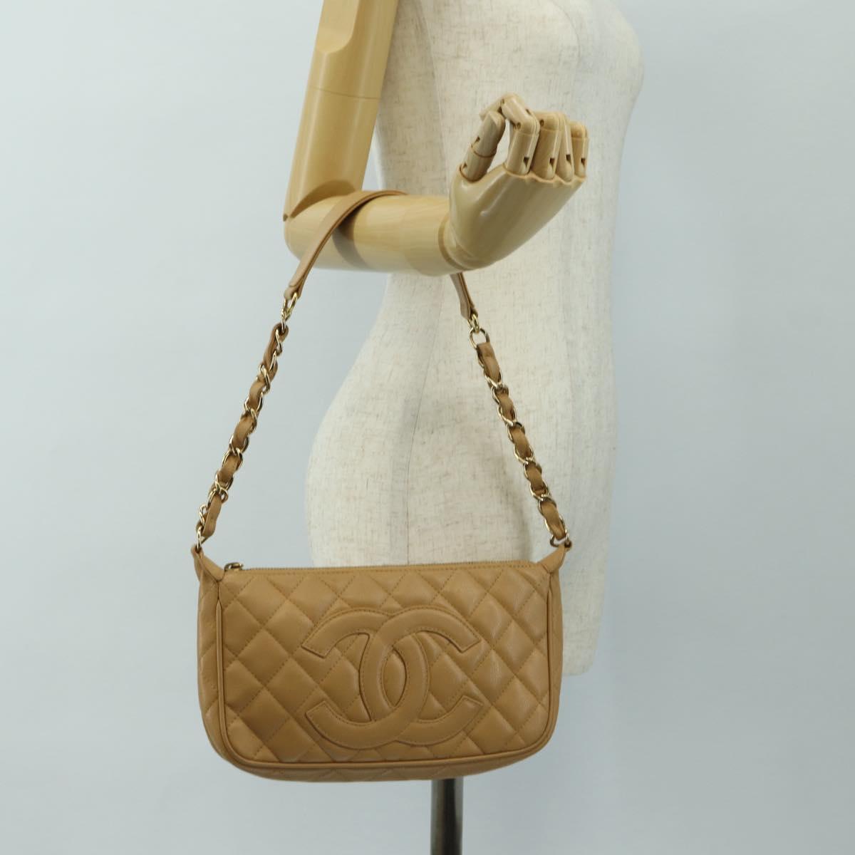 CHANEL Chain Shoulder Bag Caviar Skin Beige Gold CC Auth ka4405V
