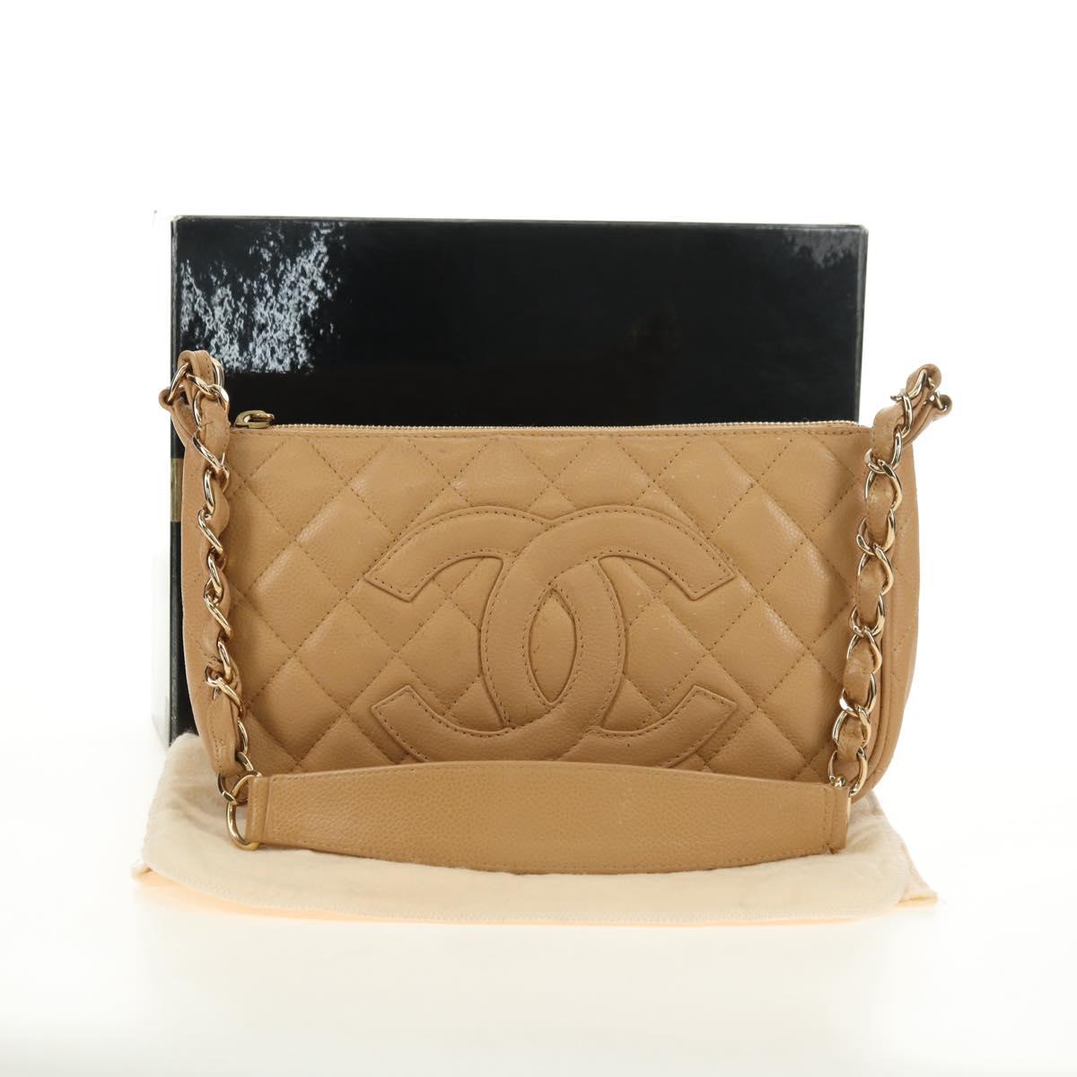 CHANEL Chain Shoulder Bag Caviar Skin Beige Gold CC Auth ka4405V