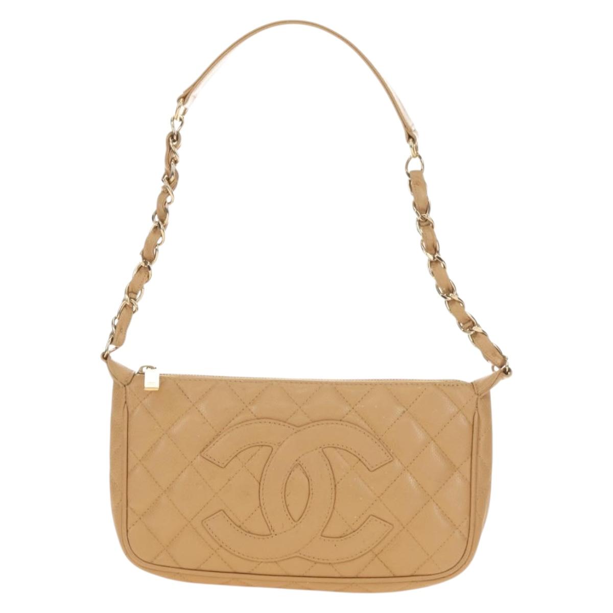 CHANEL Chain Shoulder Bag Caviar Skin Beige Gold CC Auth ka4405V