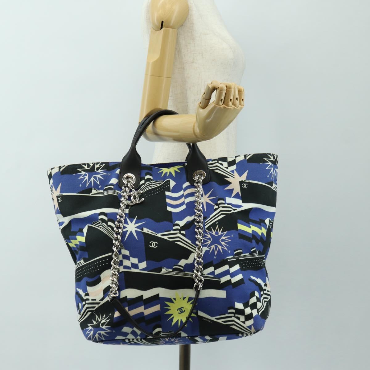 CHANEL La Pauza Hand Bag Canvas Leather 2way Blue Silver CC Auth ka4406SM
