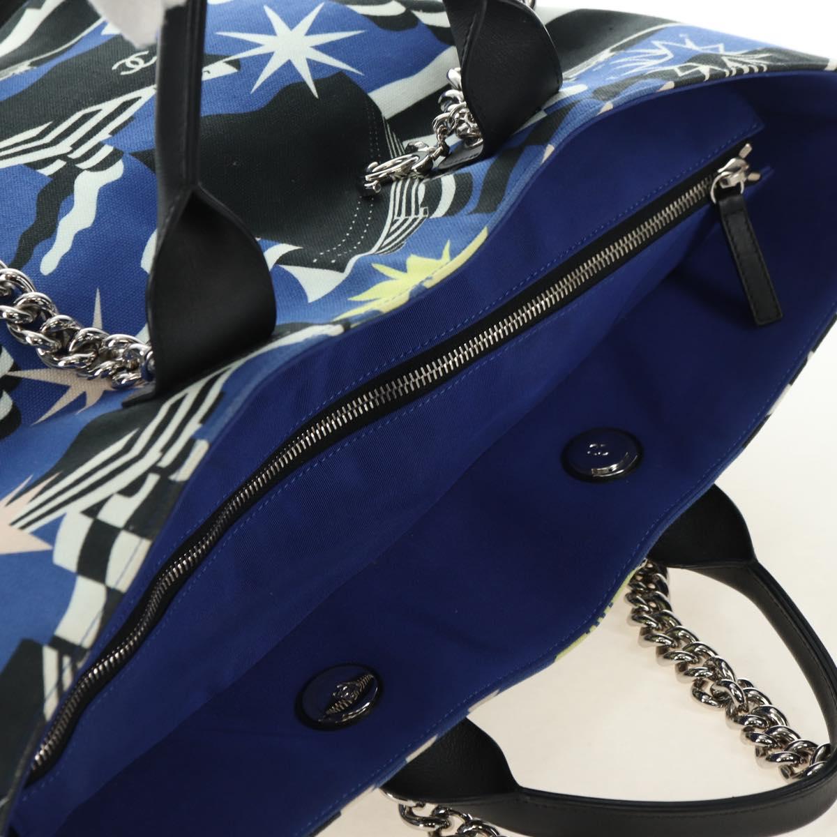 CHANEL La Pauza Hand Bag Canvas Leather 2way Blue Silver CC Auth ka4406SM