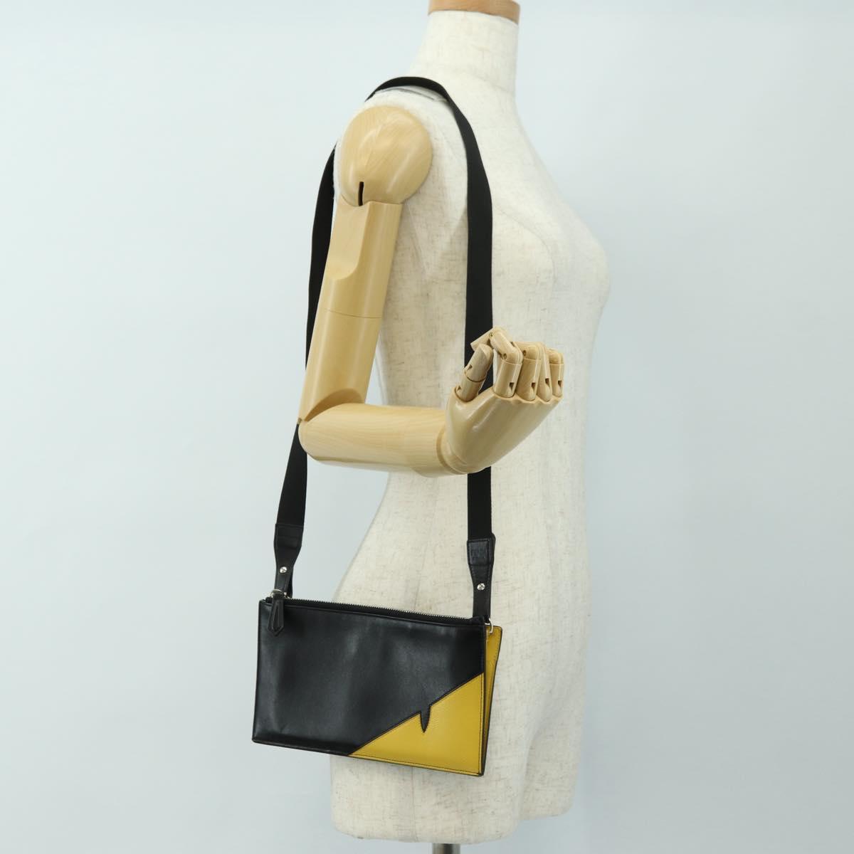 FENDI Bugs Monster Shoulder Bag Leather Black Silver Auth ka4417M