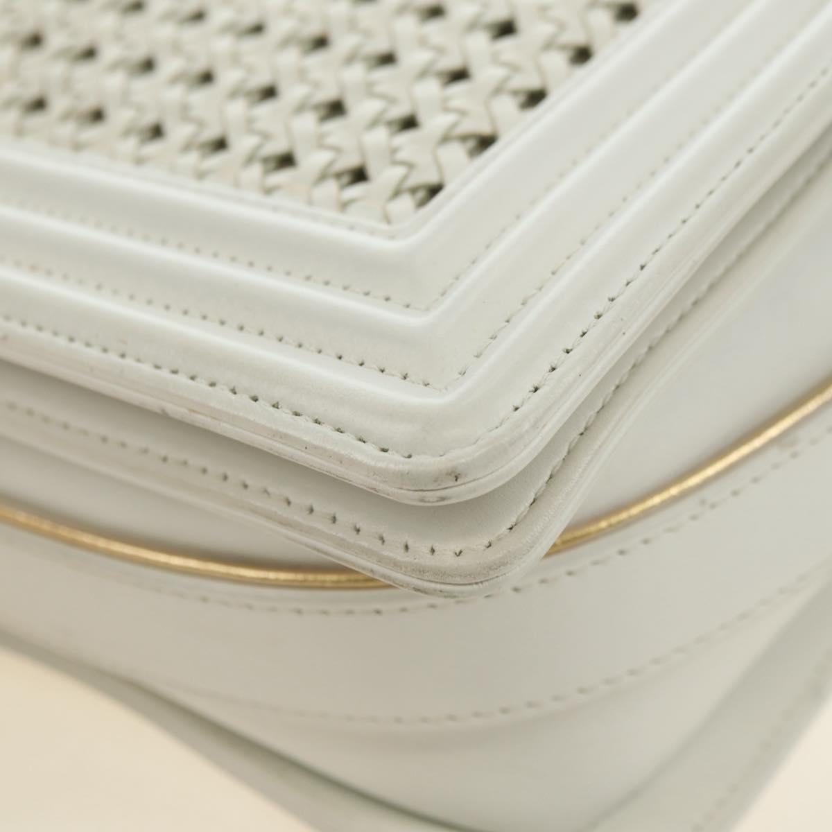 CHANEL Chain Boy Chanel Shoulder Bag Leather White Gold CC Auth ka4428V