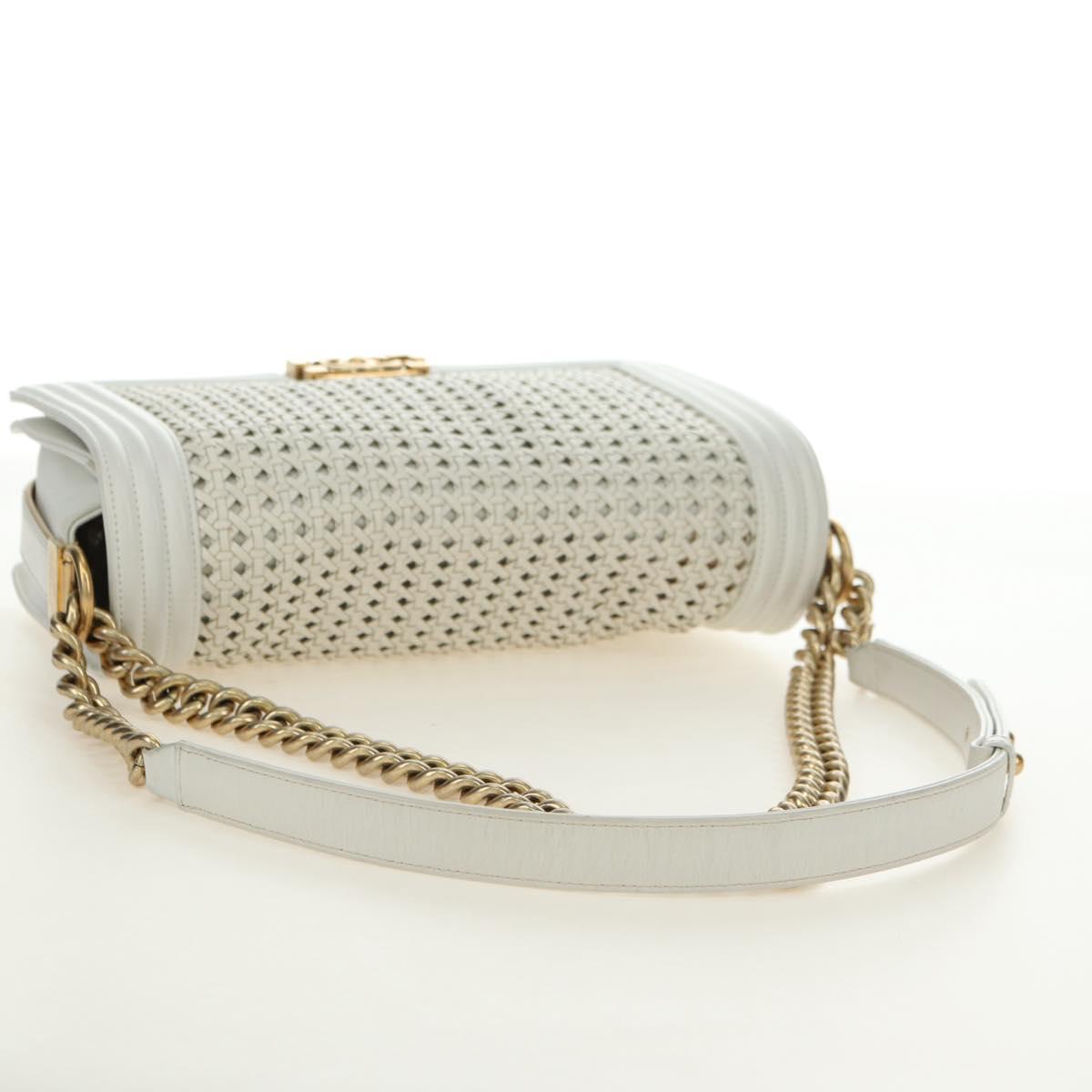 CHANEL Chain Boy Chanel Shoulder Bag Leather White Gold CC Auth ka4428V