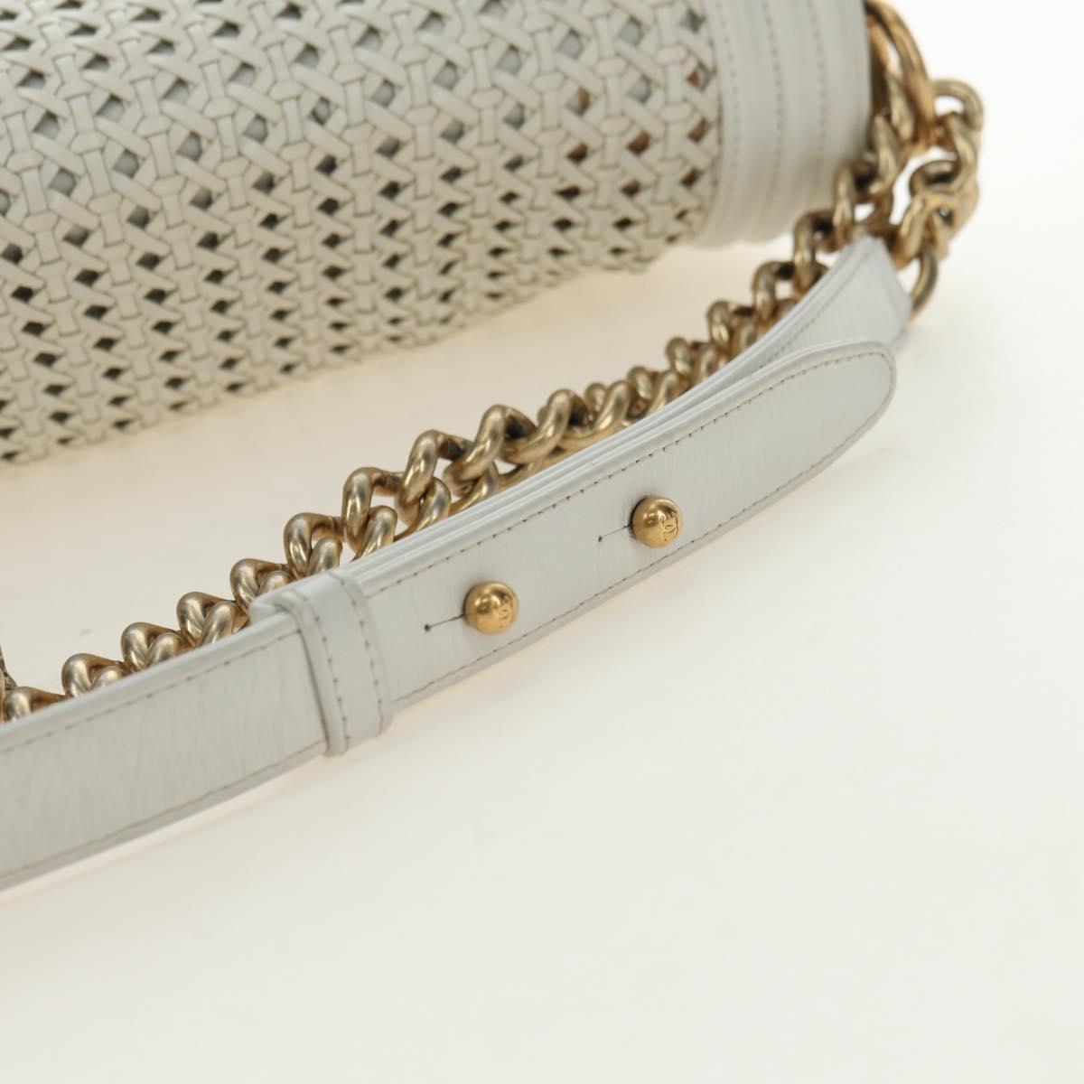 CHANEL Chain Boy Chanel Shoulder Bag Leather White Gold CC Auth ka4428V