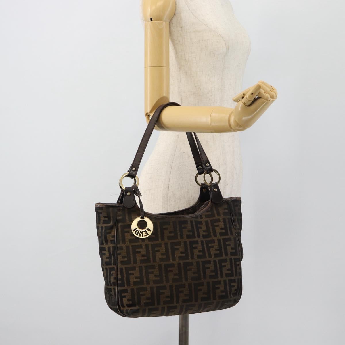 FENDI Zucca Canvas Shoulder Bag Black Brown Auth ka4435