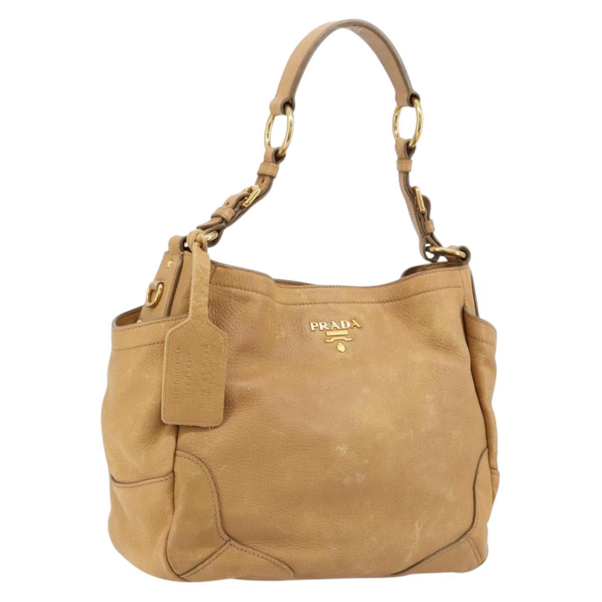PRADA Shoulder Bag Leather Beige Gold Auth ka4438A