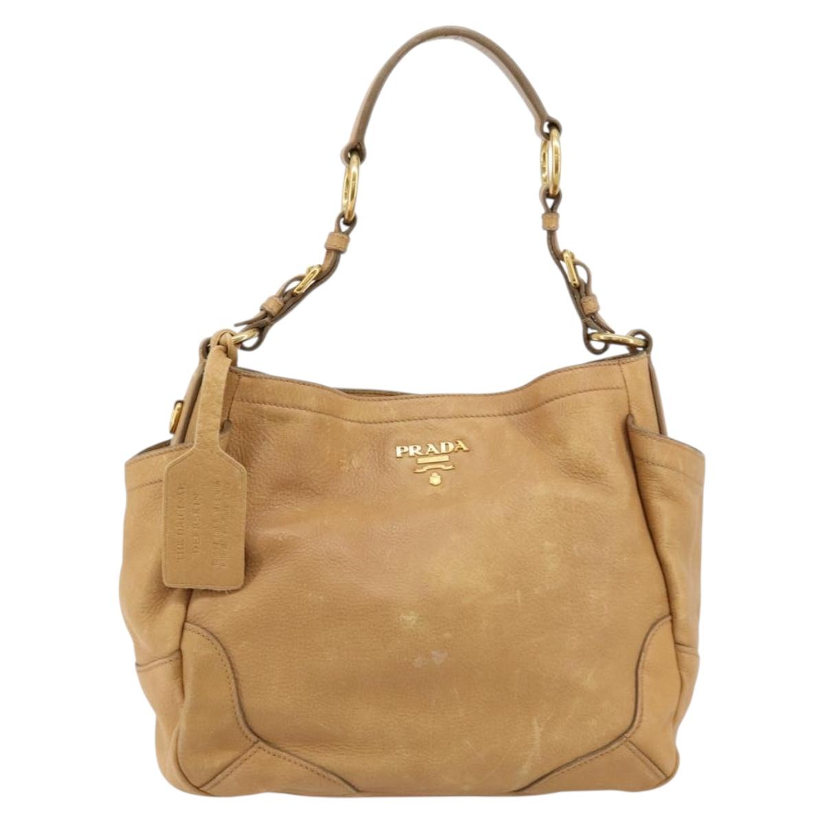 PRADA Shoulder Bag Leather Beige Gold Auth ka4438A