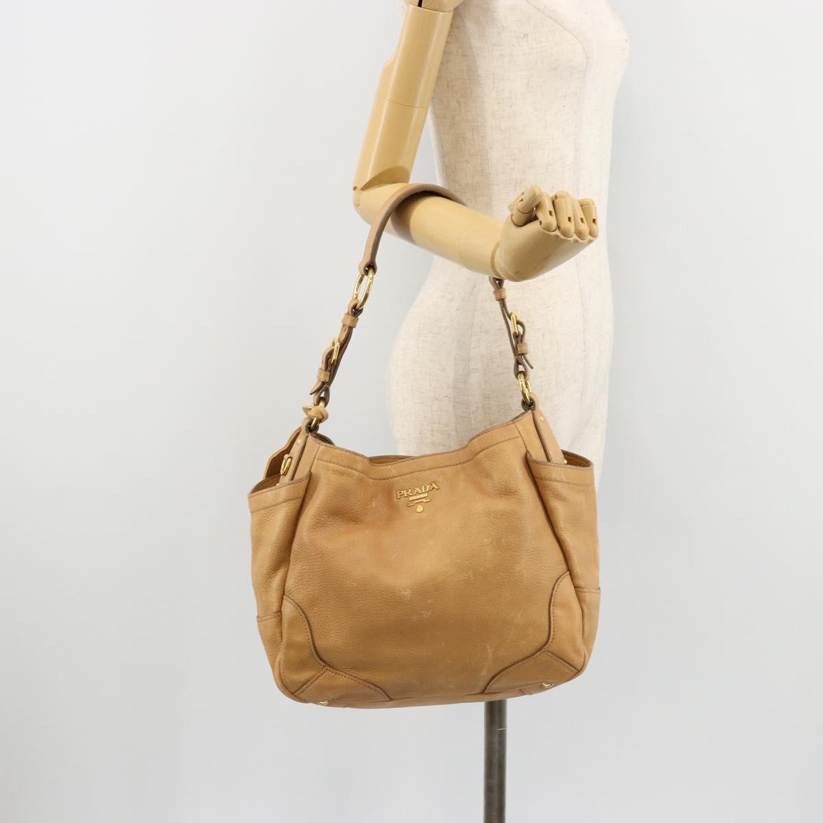 PRADA Shoulder Bag Leather Beige Gold Auth ka4438A