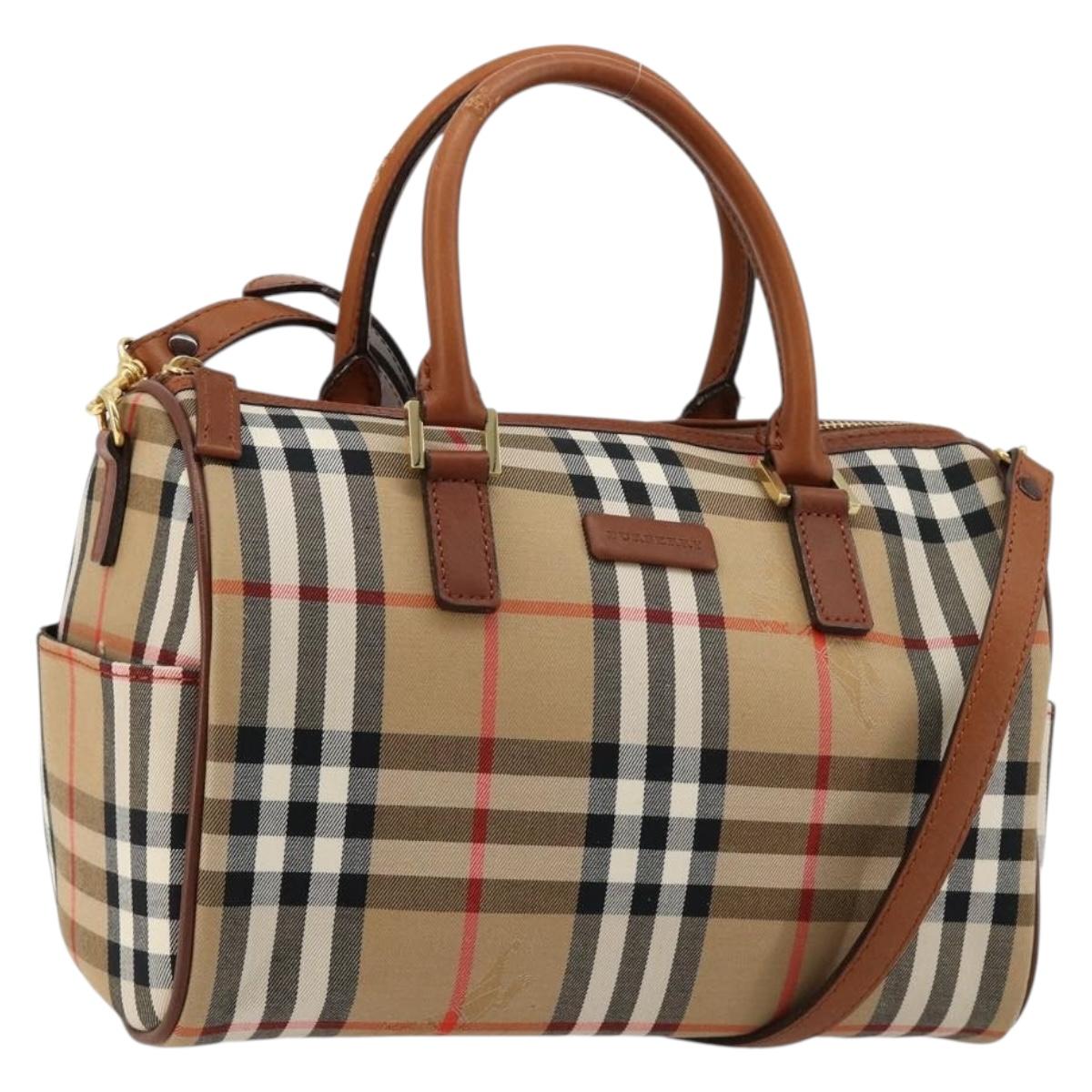 BURBERRY Nova Check Hand Bag Canvas 2way Beige Gold Auth ka4439